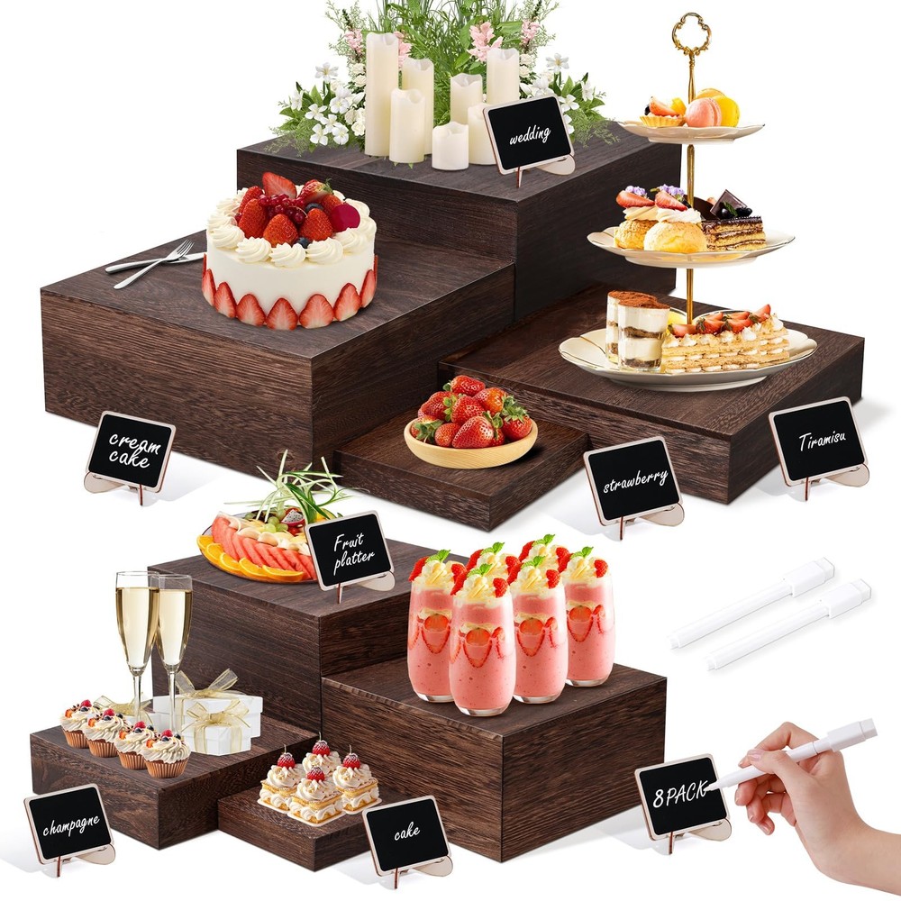 8 Size Nested Buffet Risers with Mini Signs, 8PCS Rustic Wooden Cake & Desser...