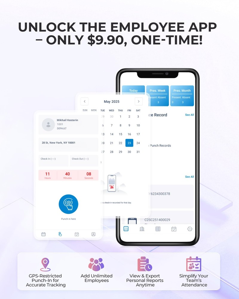 Time Clock Cloud-Based with Tuch Screen, 4-in-1 Remote Control Time Clocks fo...