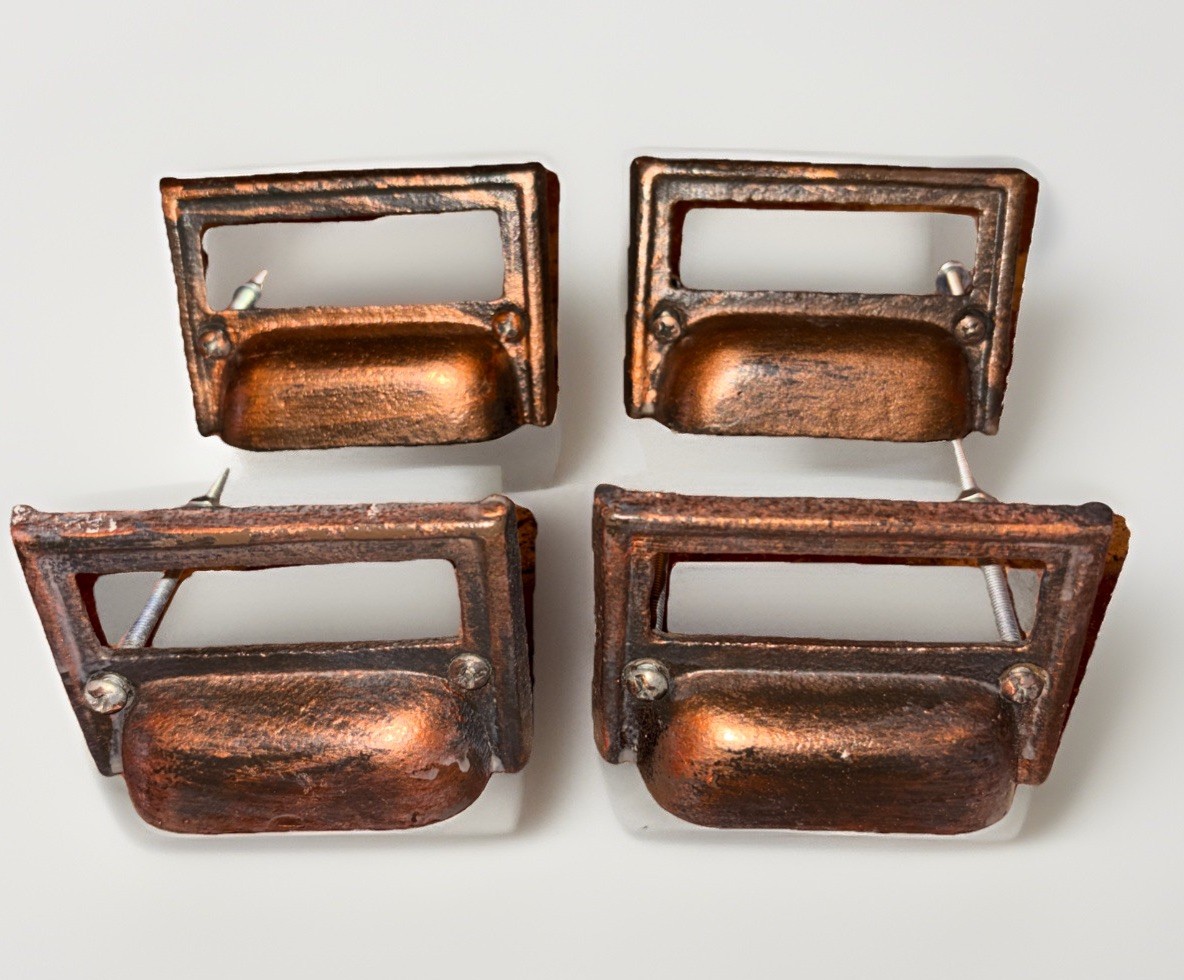 Set  4 Antique  Cast Iron Bin  Filing Cabinet  Pulls Antique Copper Bronze