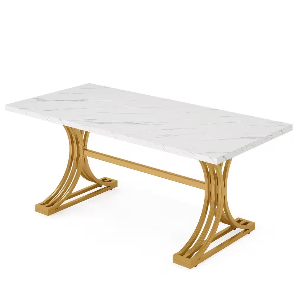 Moronia 63 In. Rectangular White and Gold Wood Computer Desk with Solid Metal Le