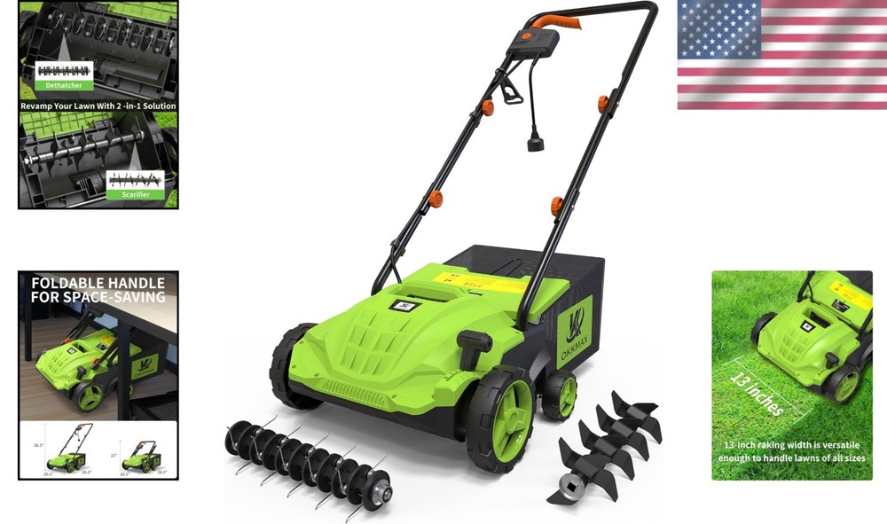 Powerful Foldable Electric Dethatcher with Collection Bag and Depth Adjustment