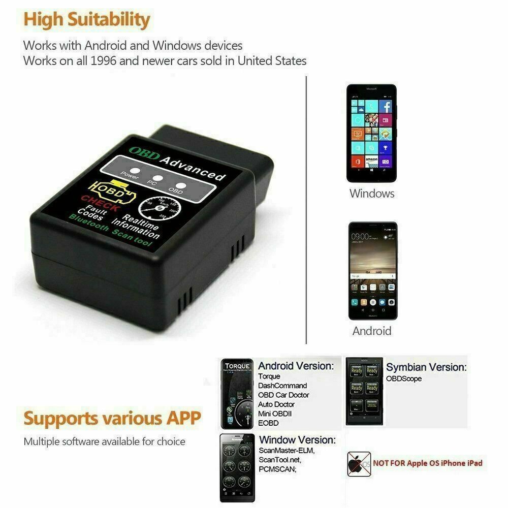 Bluetooth OBD2 OBDII Car Diagnostic Scanner Auto Fault Code Reader Tool ELM327