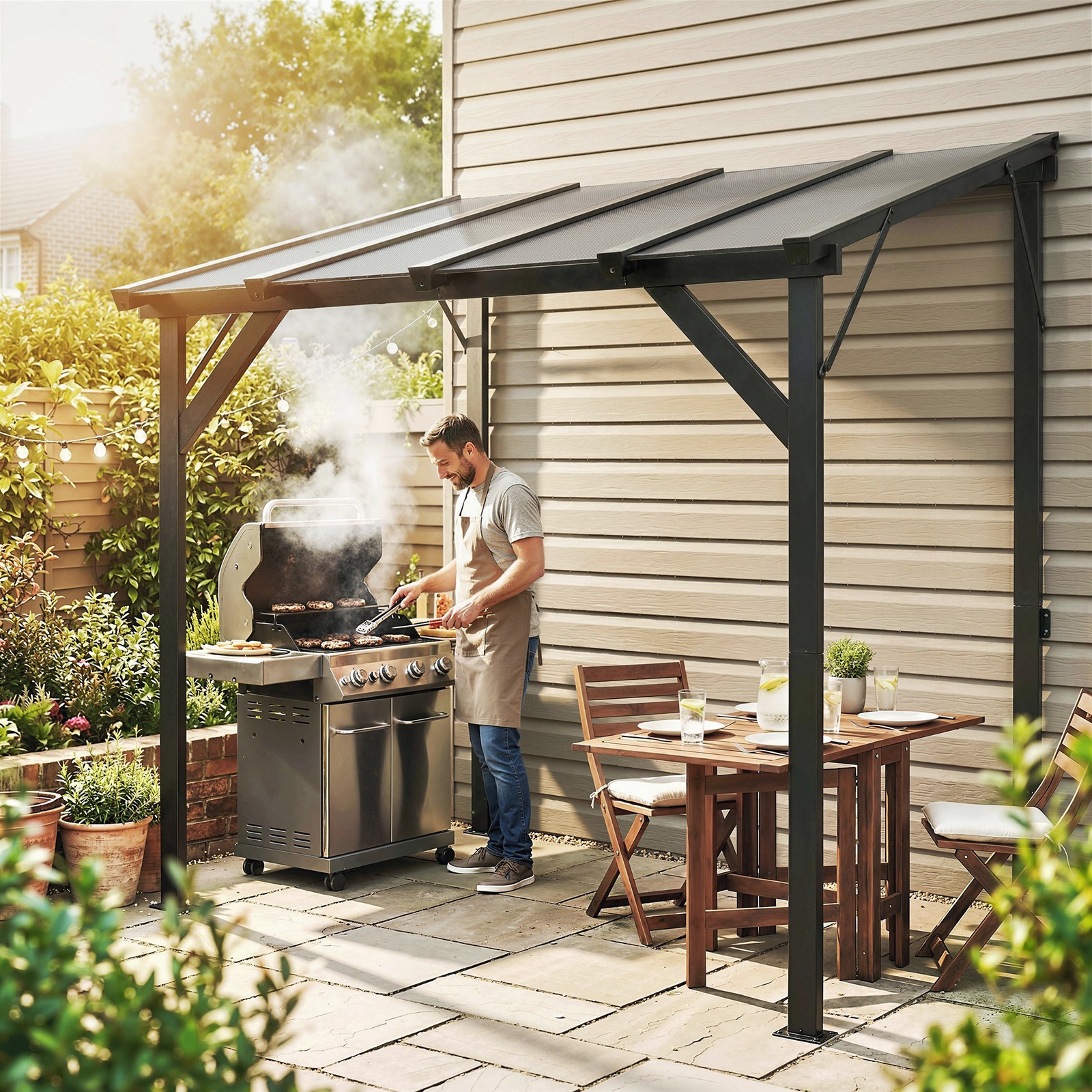 Outsunny 8' x 5' Grill Gazebo Lean-to Pergola with Polycarbonate Roof