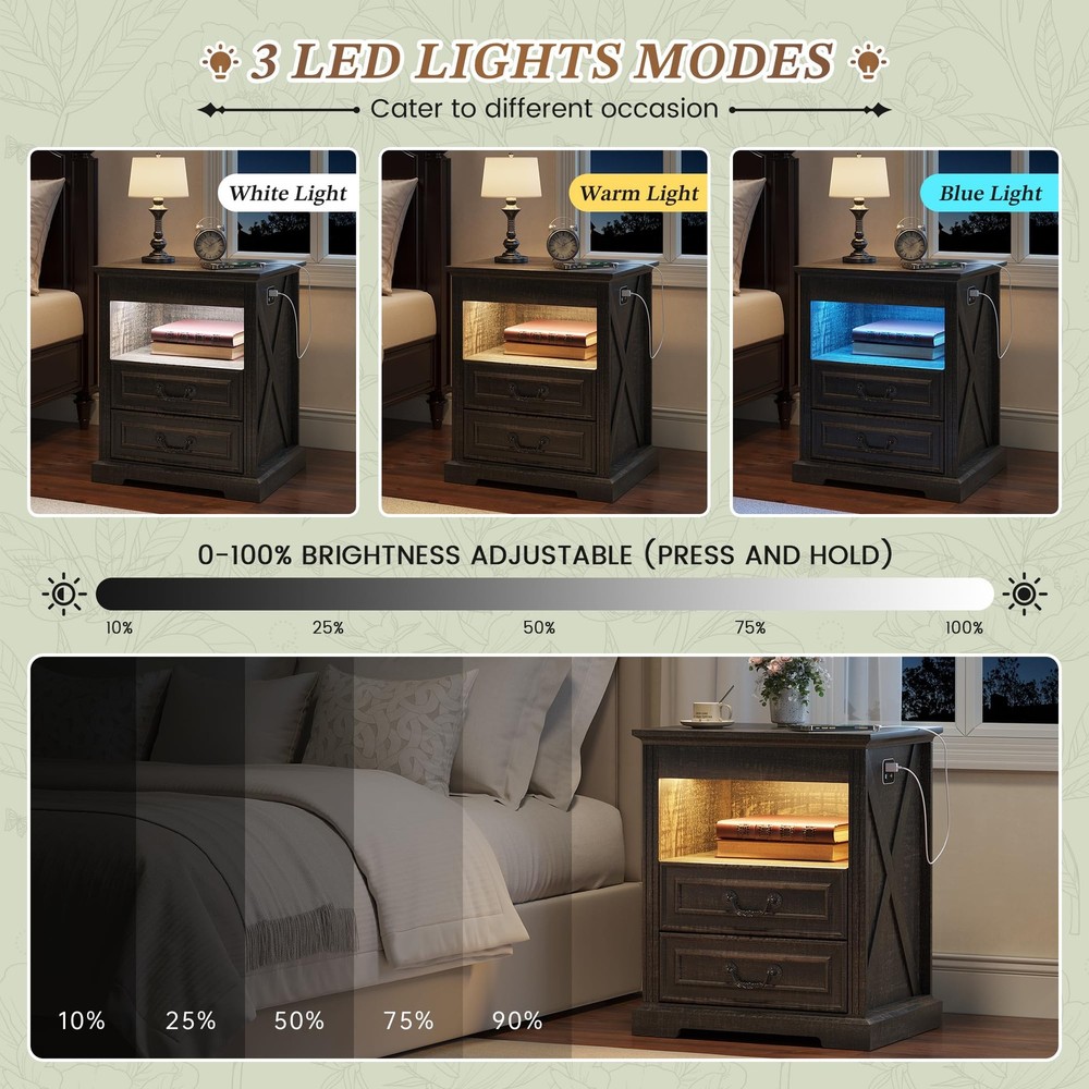 Night Stand with Gun Drawer, Bedside Table with LED Light & Human Sensor, Nig...