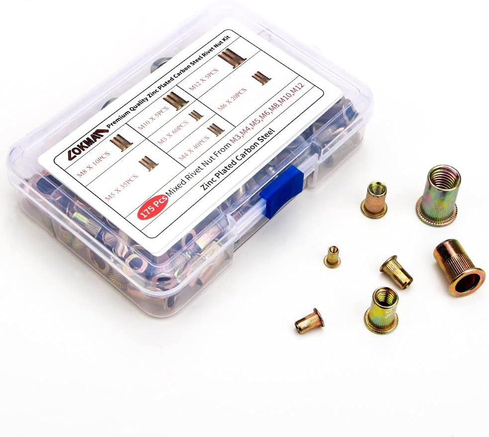 175PCS Metric Rivet Nut Kit Carbon Steel Flat Head Threaded Insert Nut Assorted
