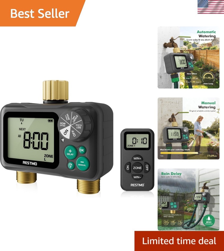 Remote Control Brass Sprinkler Timer 2 Zone - Max 11h59m Watering Precision