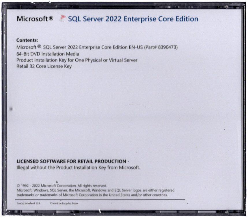 Microsoft SQL Server 2022 Enterprise with 32 Core License, unlimited User CALs