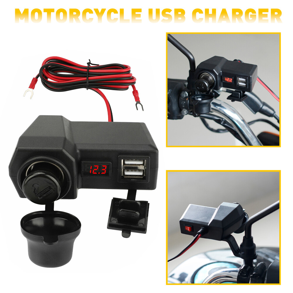 Motorcycle Handlebar Cigarette Lighter Socket Dual Charger USB W/ LED Voltmeter