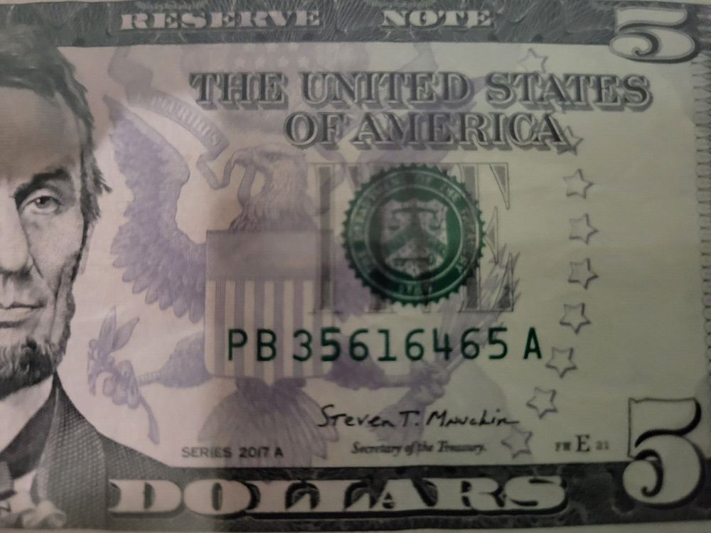 2017A Federal Reserve Note Over Inking ERROR $5 Five Dollar Bill