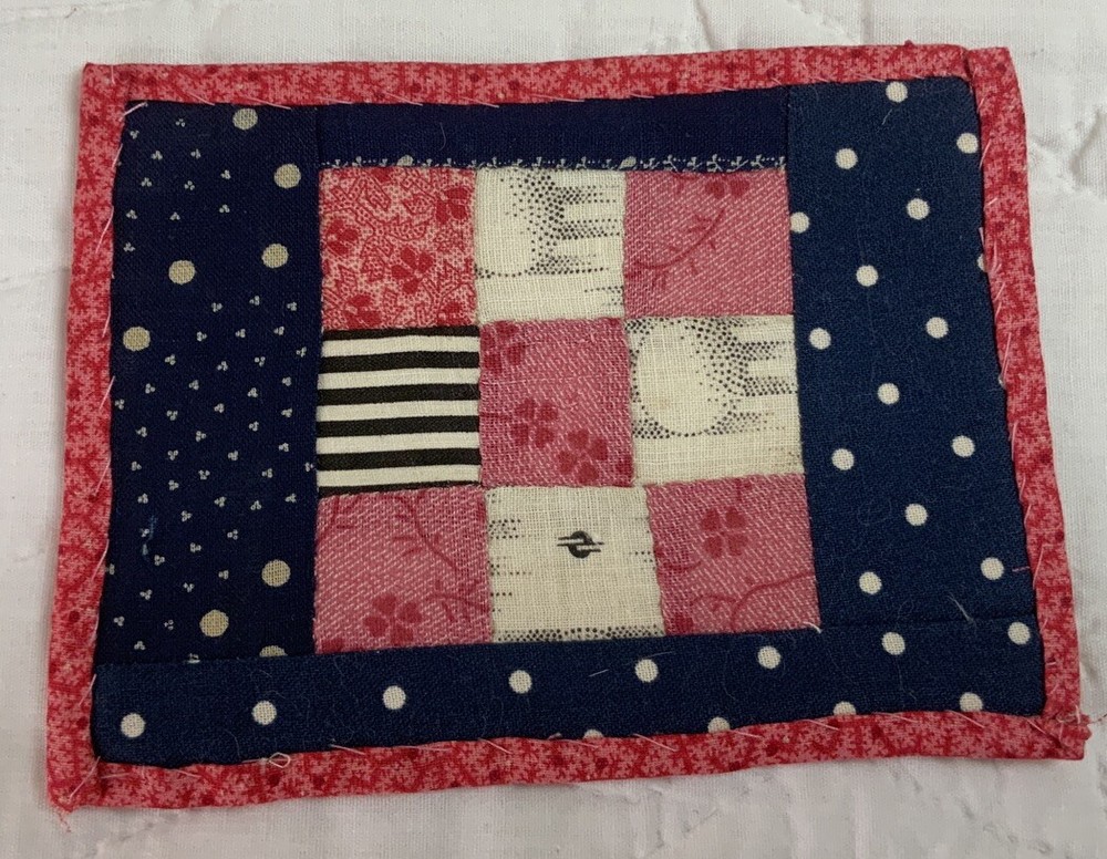 Antique Patchwork Quilt Table Topper Or Doll Quilt, Small, 9 Patch, Navy, Pink