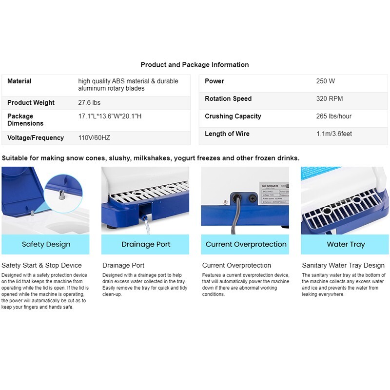 Electric Ice Crusher Shaver Shaving Snow Cone Maker Machine 265lbs/hr Commercia