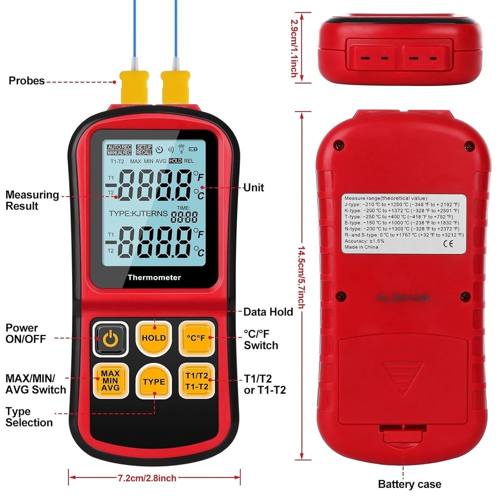 Compact Dual Probe Thermometer with K-Type Thermocouple Wire