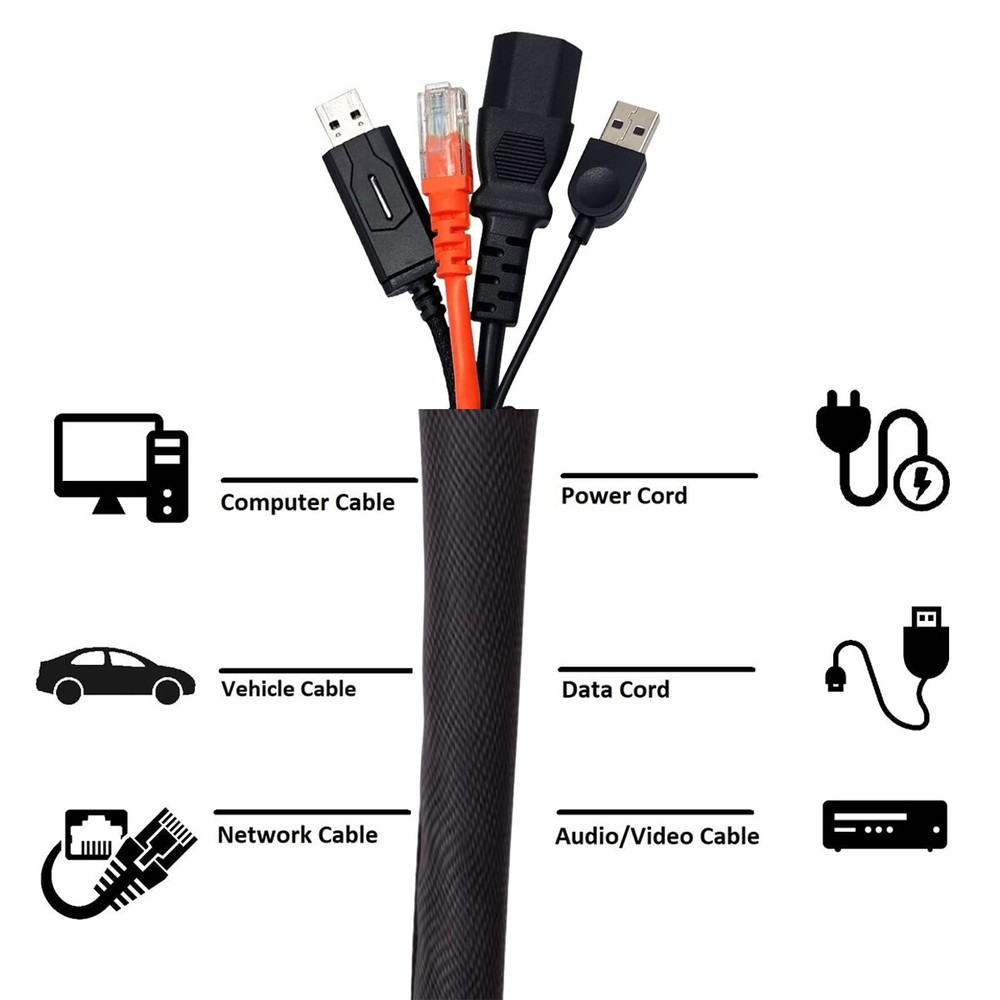 Braided Cable Management Sleeve Cord Protector - Self-Wrapping Split Wire Loom