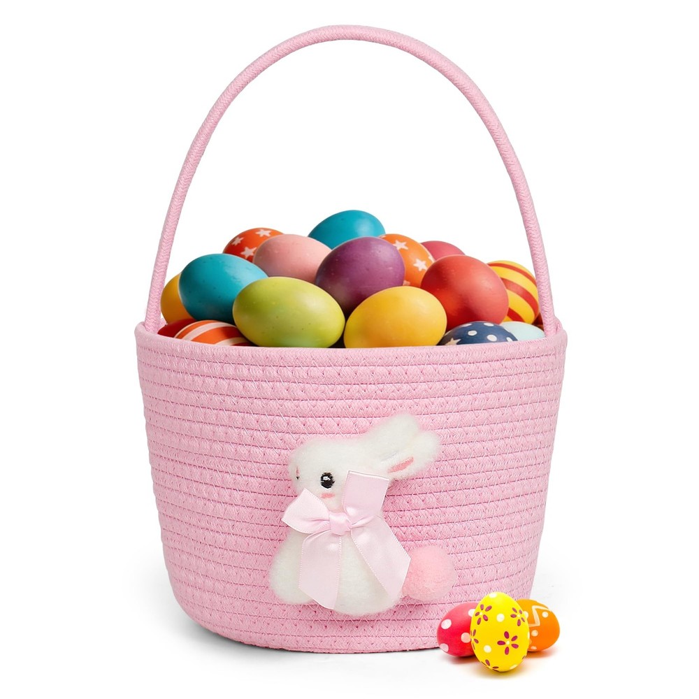 Pink Easter Basket, Bunny Easter Baskets for Kids, Baskets with Handle for Gi...