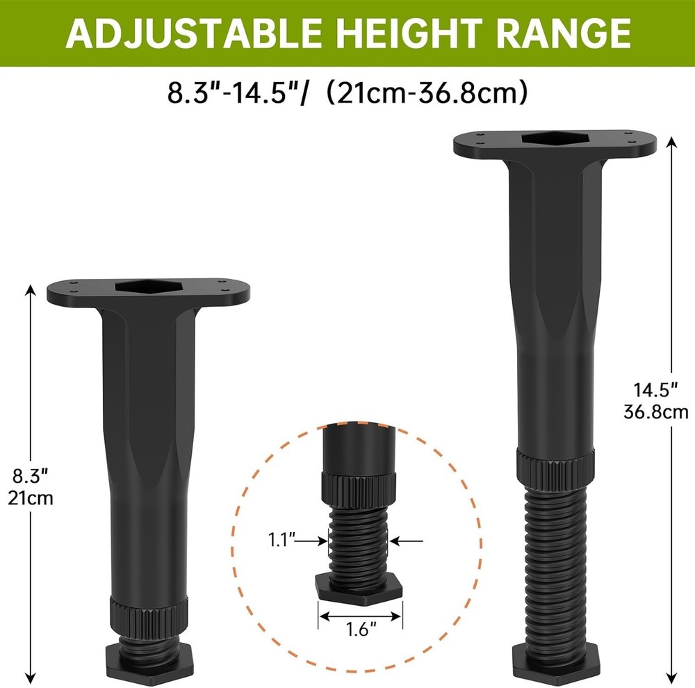 Durable Non-Scratch Plastic Bed Support Legs, Adjustable 8.3-14.5 Inches