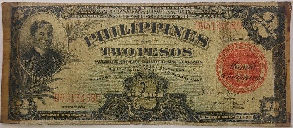 1936 Philippines Red Seal Two Pesos Note