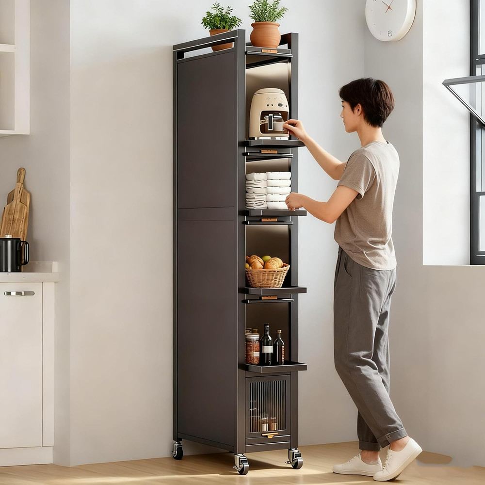 Slim Rolling Spice Rack with Transparent Door - Space Saving Kitchen Organizer