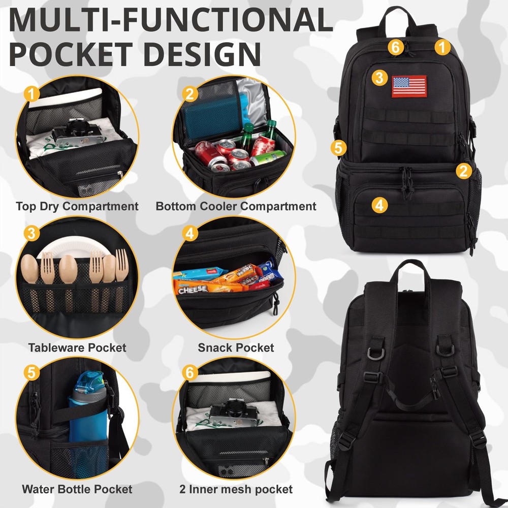 Tactical Double Deck Cooler Backpack for Men,Large Lunch Large, Black