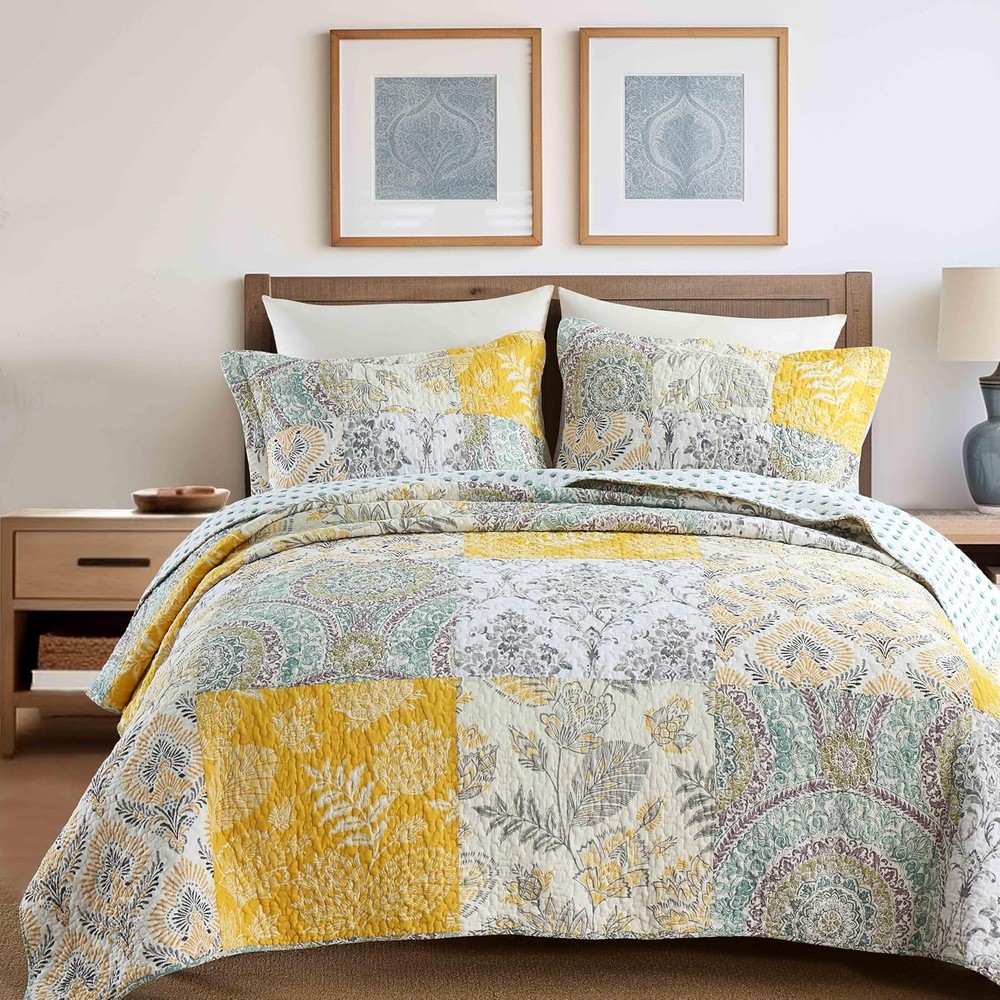 Striped Quilt Set King Size 3Pcs Blue & Navy Striped Patchwork Pattern All