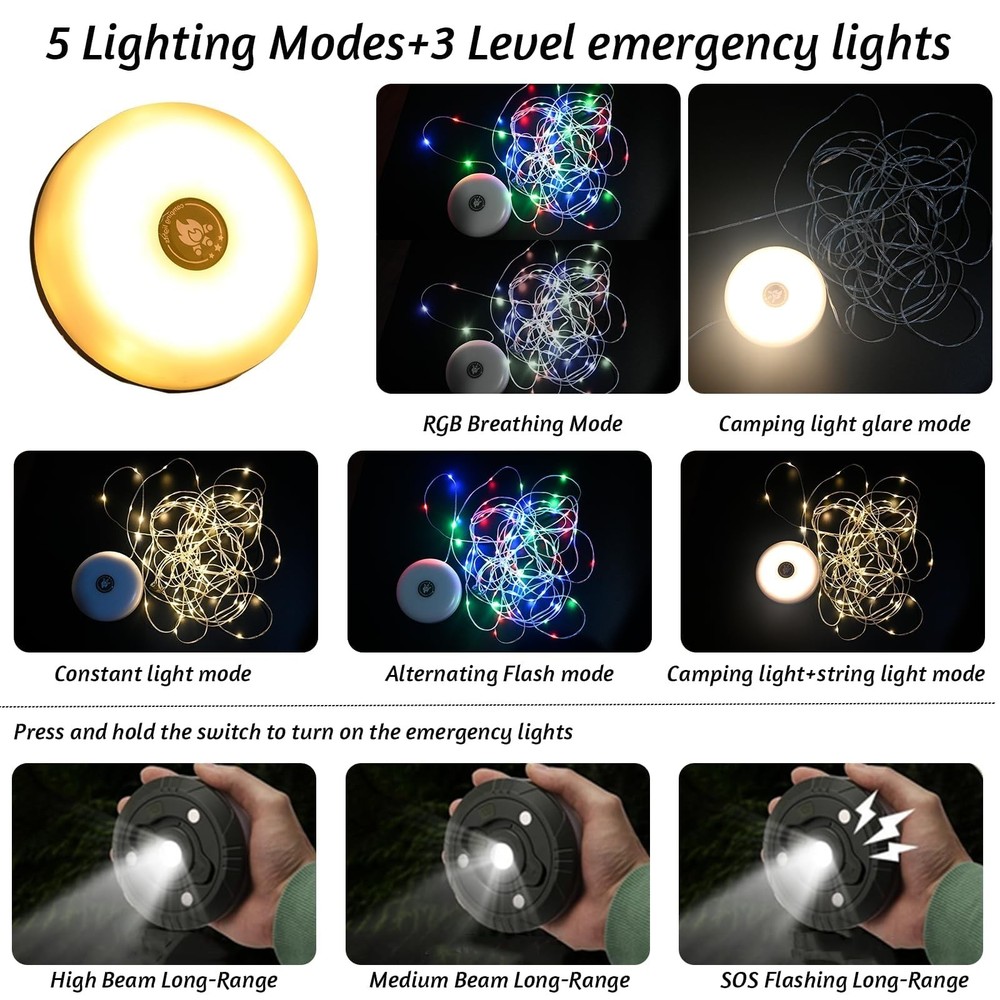 Camping String Lights, 32.8ft Portable Outdoor String Lights with 8 Lighting ...