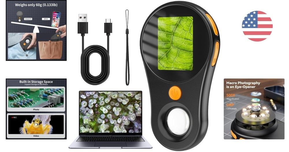 Compact 500X Magnification Microscope with 2.0'' IPS Screen & Easy USB Access