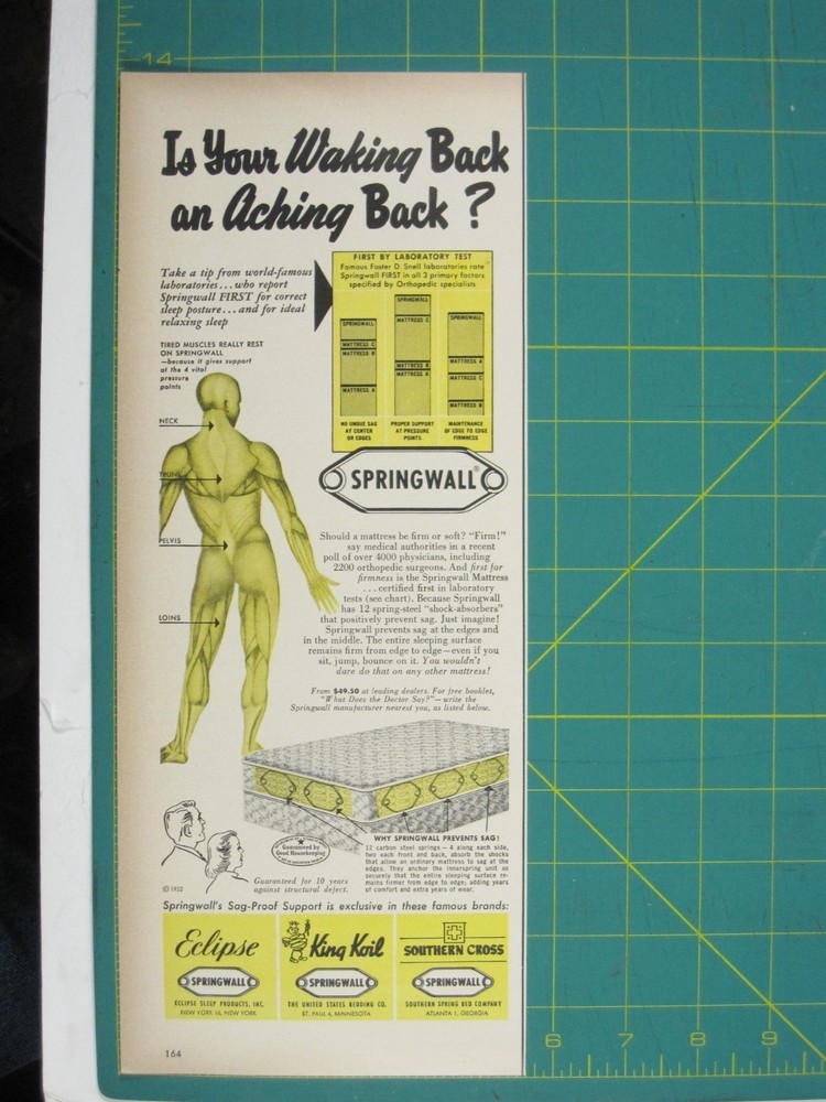 Print Ad Is Your Waking Back An Aching Back Springwall Mattress 1950 AD