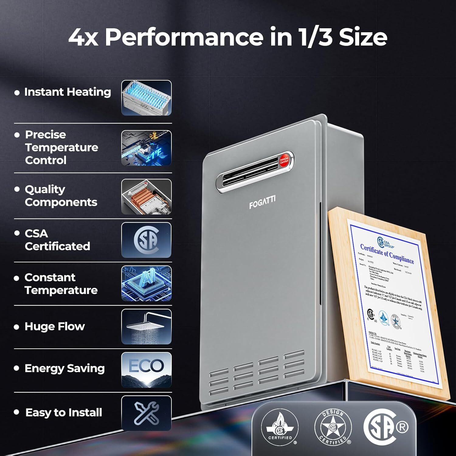 FOGATTI 26L Natural Gas Tankless Water Heater 8.1 GPM Instant Hot Water Heater