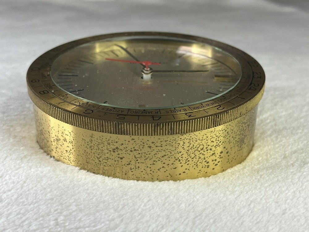VINTAGE SOLID BRASS TIFFANY & CO. WORLD DESK CLOCK display piece *Untested*