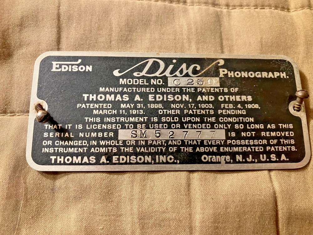 Edison C250 Diamond Disc Phonograph ID Tag