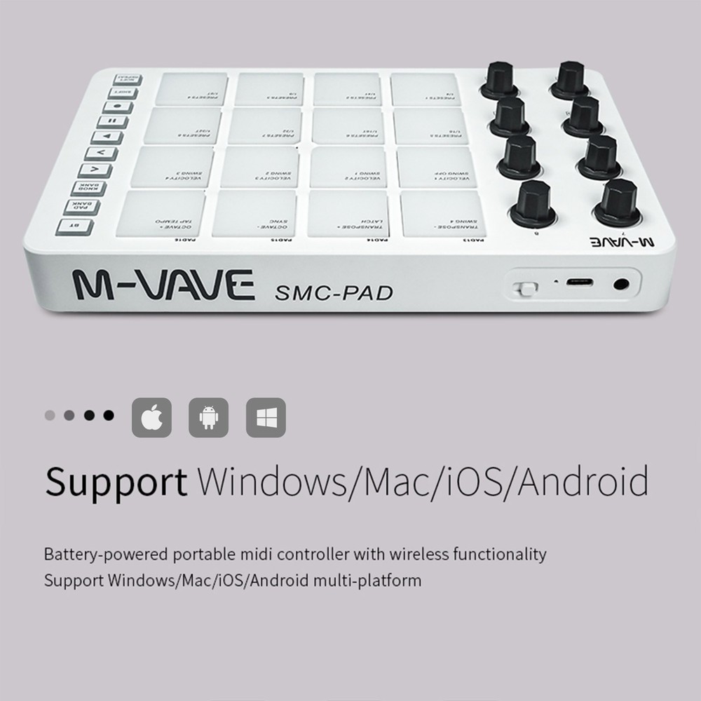 M-VAVE SMC-PAD Wireless MIDI Controller 16 Drum Pads 8 Knobs for Music Creation
