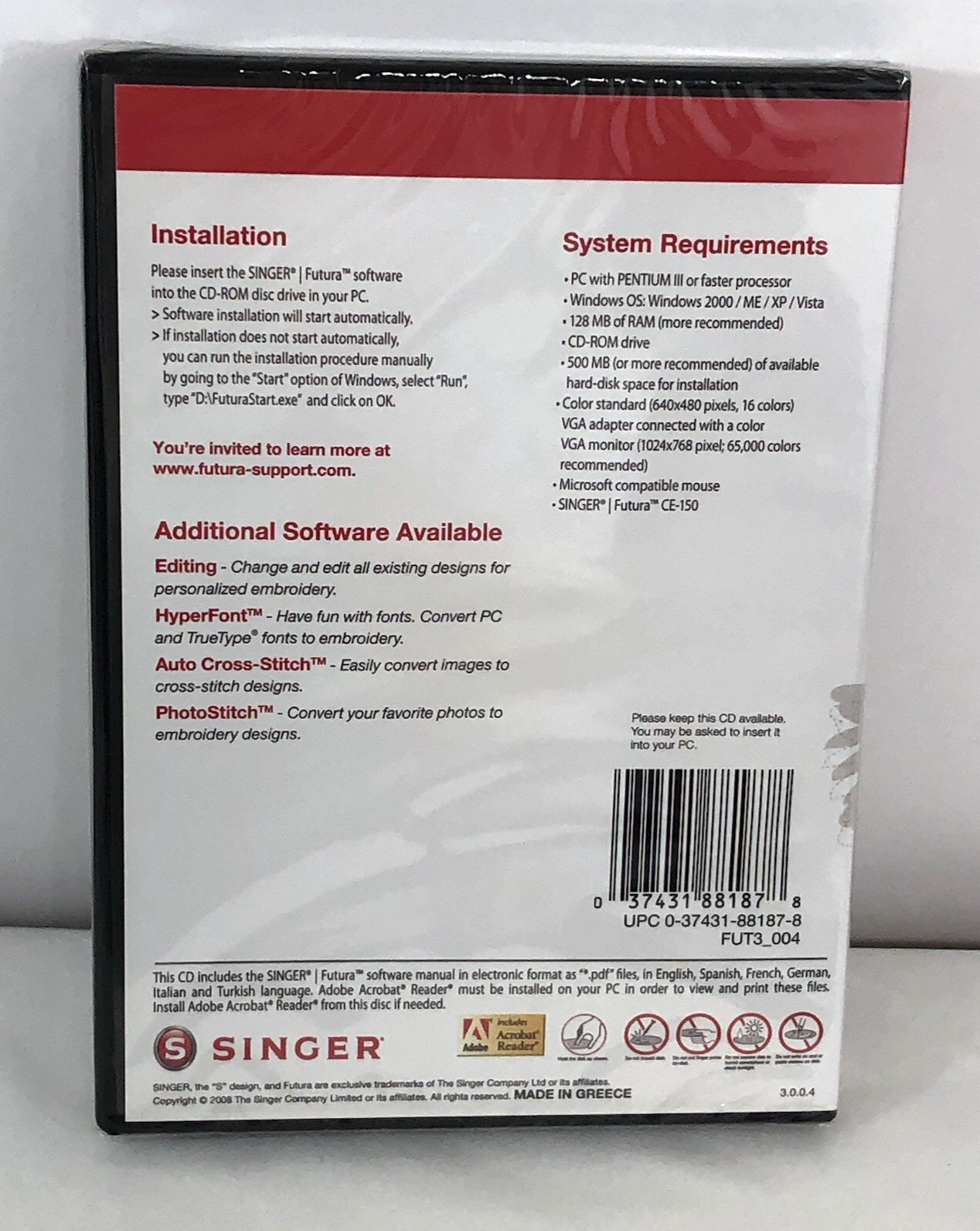 NOS SINGER Futura CE-150 AutoPunch Embroidery Software CD w/Printable Manual