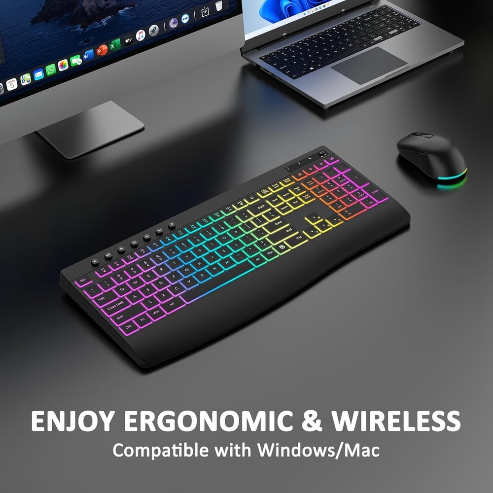 Wireless Keyboard and Mouse, 9 Backlit Effects with Wrist Rest, 6 Button Mouse