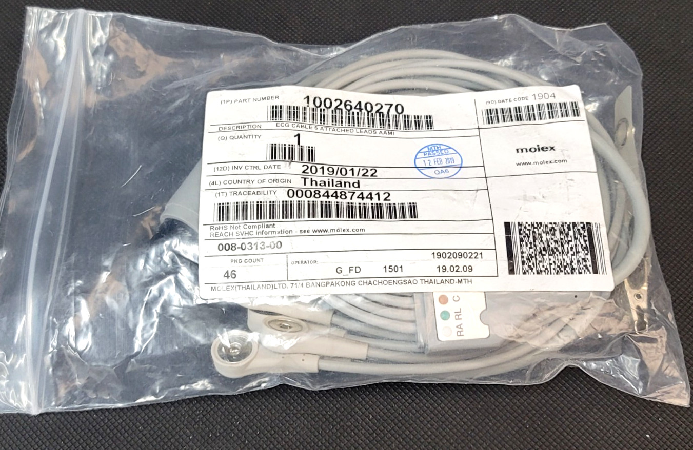 Welch Allyn ECG Cable 6 Pin 5 Leads Snap AHA Compatible 12' 008-0313-00