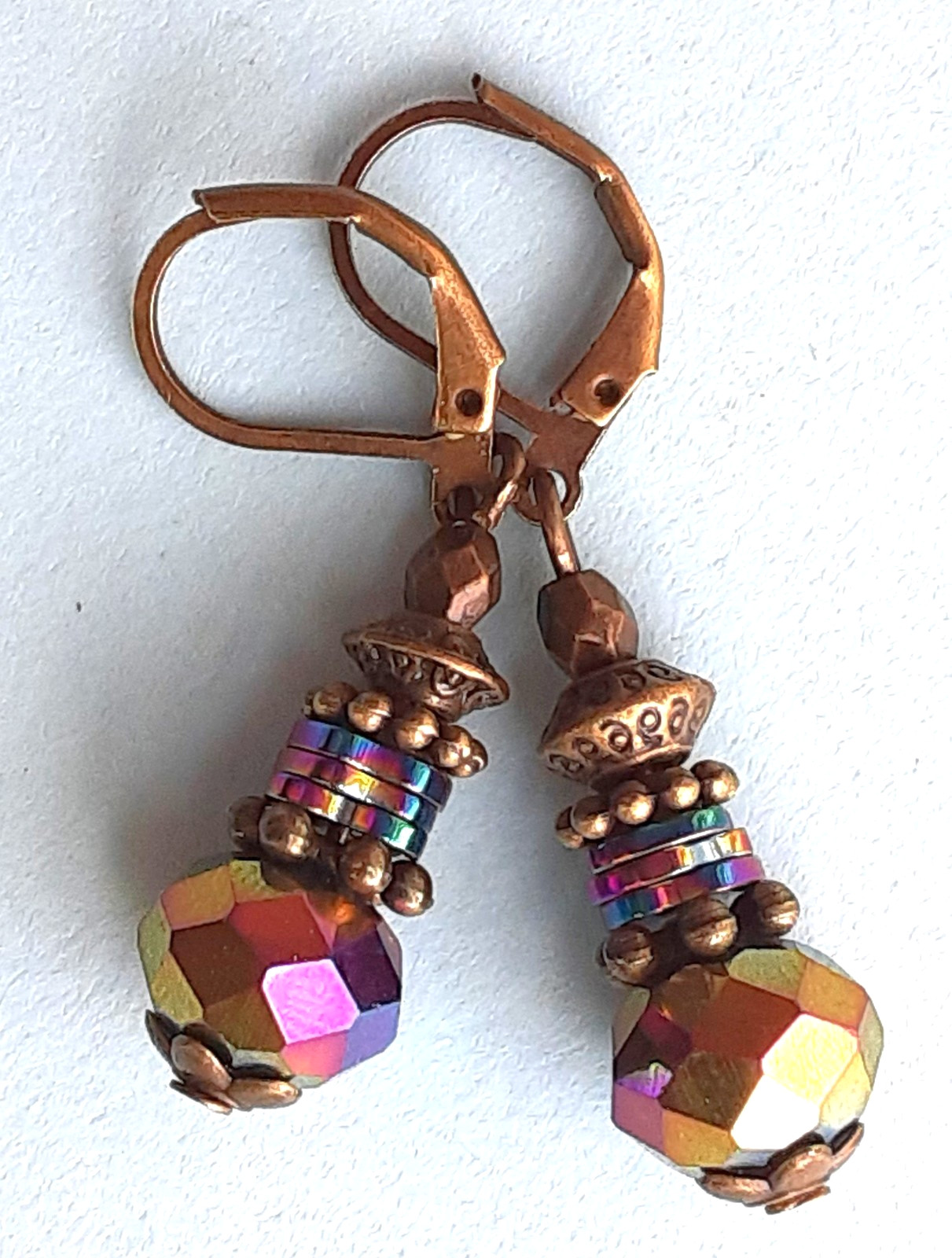 RAINBOW CRYSTAL & HEMATITE Colorized Crystal earring bronze Leverback #DMX