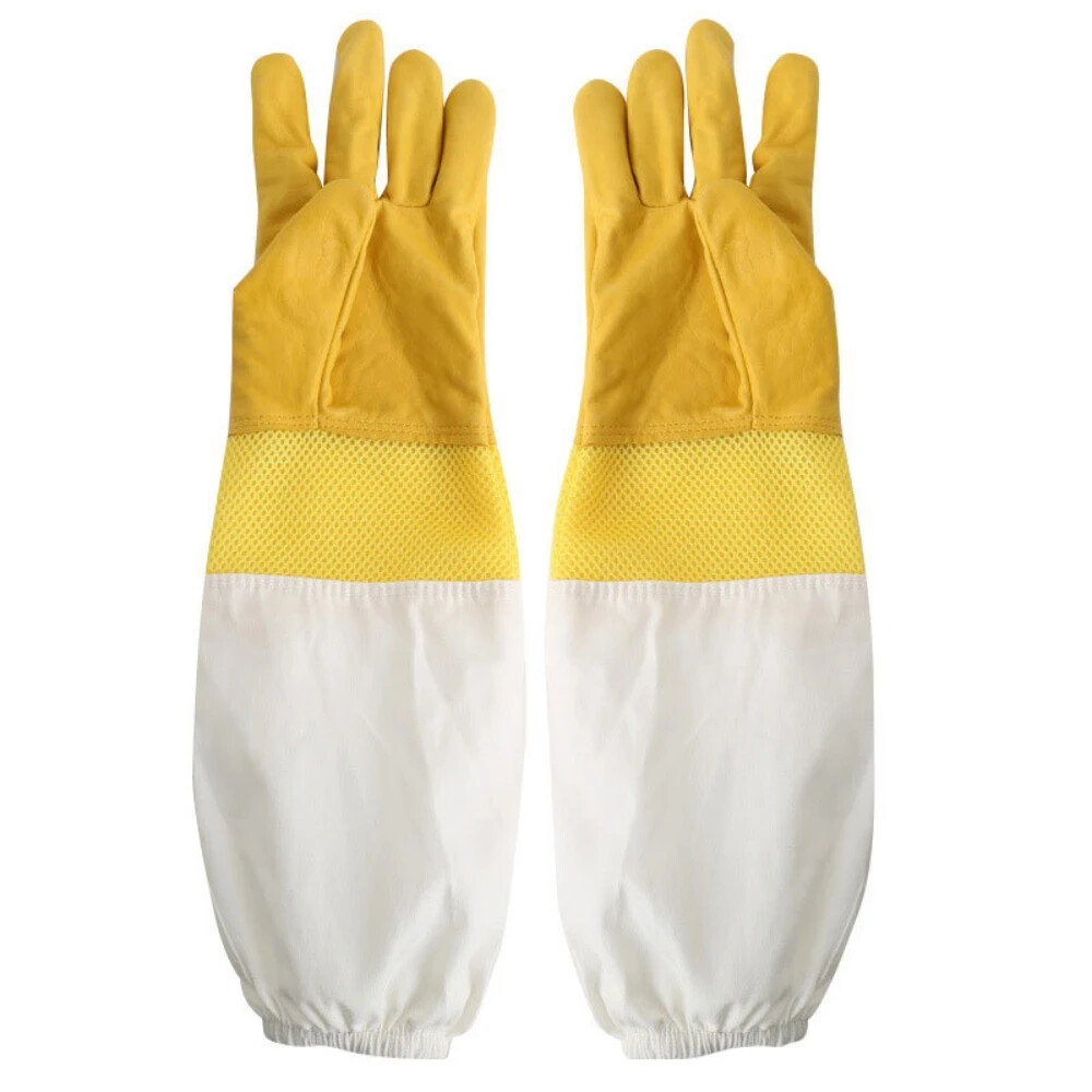 A Pair Protective Beekeeping Gloves Net Goatskin Bee Keeping Vented Long Sleeves