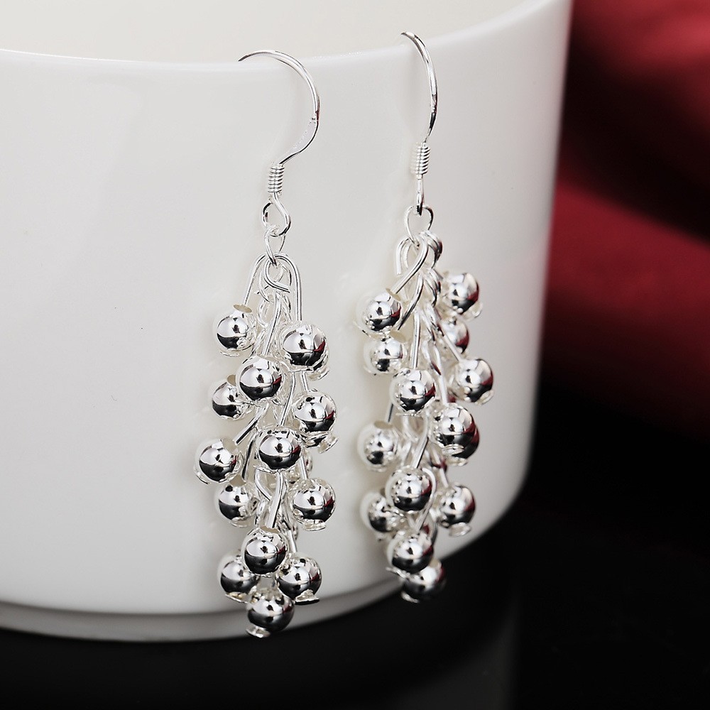 Sparkling Small Round Beads Clusters Grape Clusters Silver Plated Dangle Earring