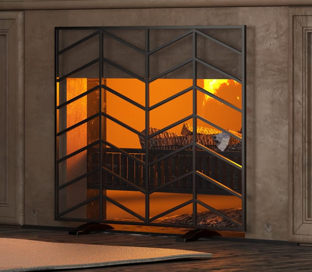 Single Panel Handcrafted Wrought Iron Mesh Chevron Fireplace Screen, Fire Spark