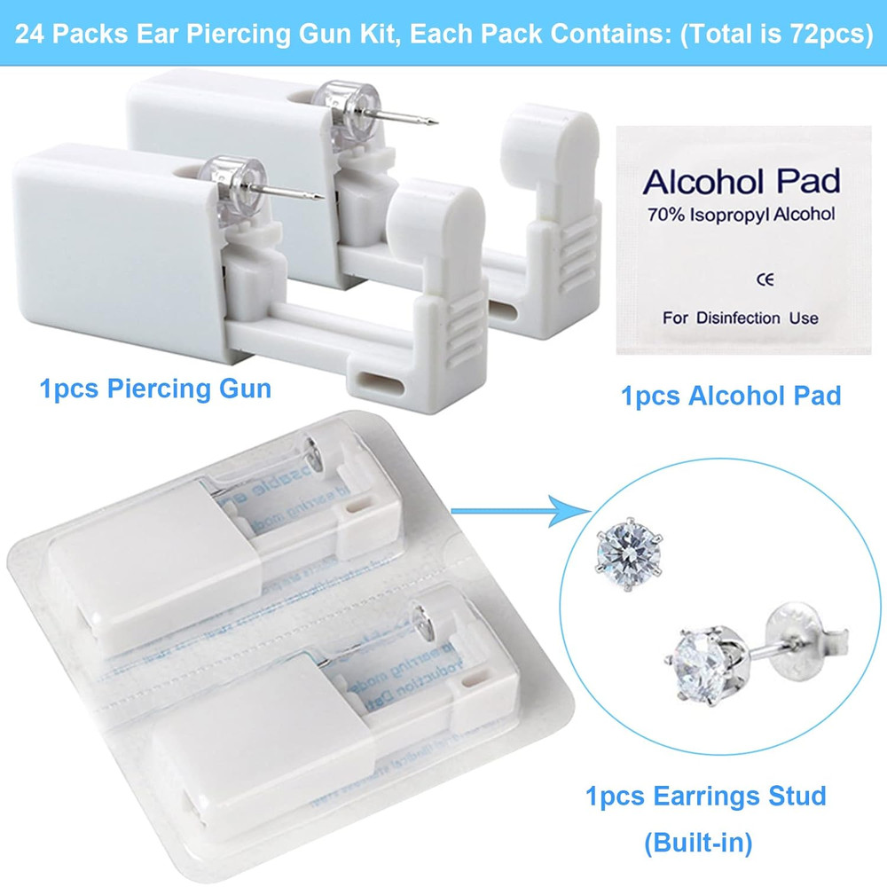 Ear Piercing Gun Kit - 72Pcs Disposable Ear Piercing Kit Including 24Pcs Self E