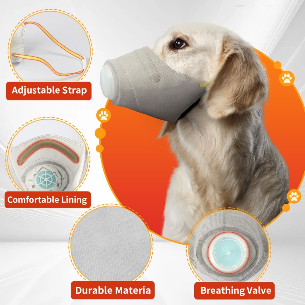 Dog Air Respirator Filter Mask - Adjustable Reusable Muzzle for S+M, Grey