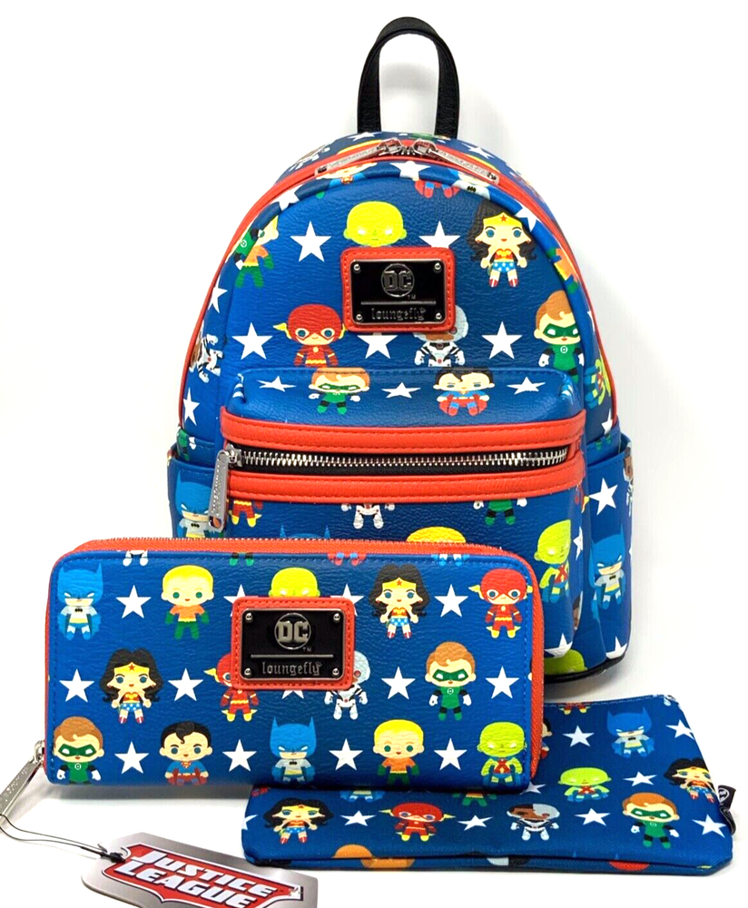 Loungefly DC Comics JUSTICE LEAGUE CHIBI CHARACTERS Mini Backpack~Wallet~Pouch