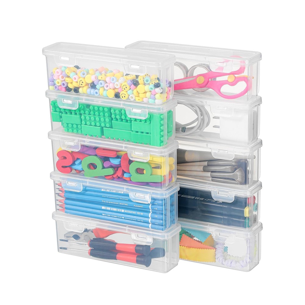 10 Pack Clear Plastic Pencil Case Boxes - Narrow Stackable Storage Organizers...