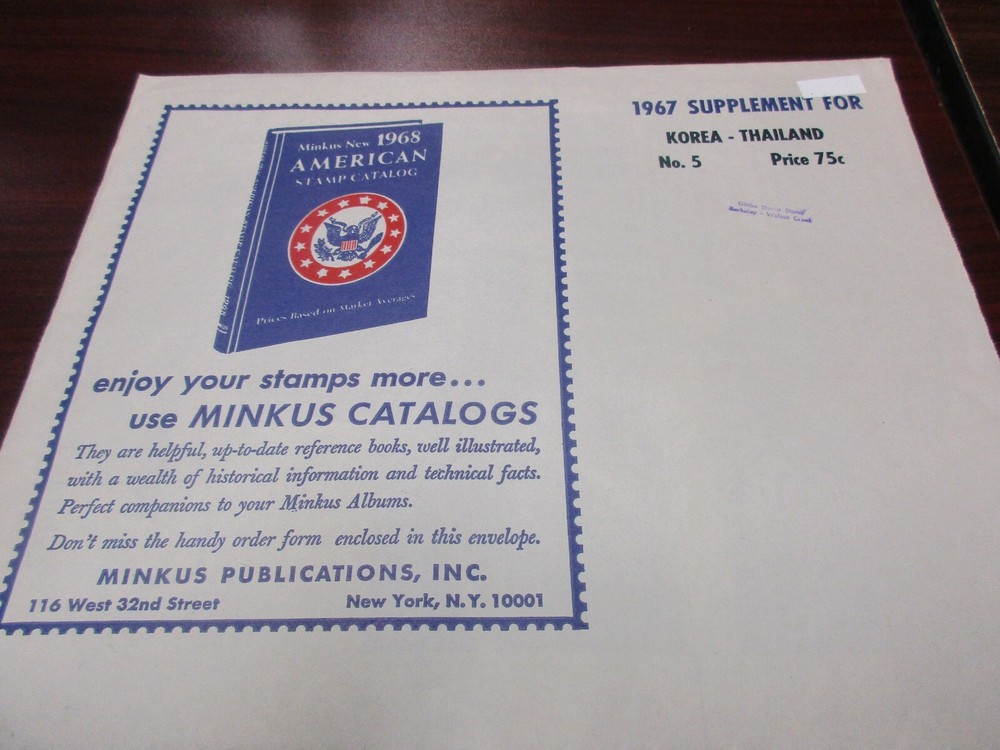 "MINKUS" STAMP ALBUM  1965  SUPPLEMENT KOREA, THAILAND  #5   W/FREE SHP.