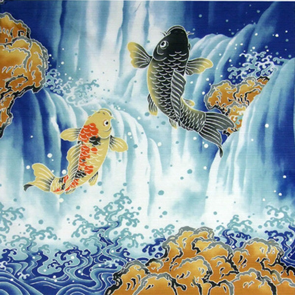 Japanese Furoshiki Wrapping Cloth Scarf Tapestry 19.75" Sq Cotton Carp Lucky Koi