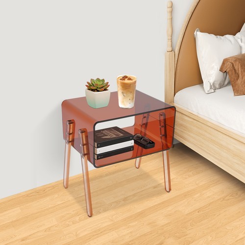 Acrylic Side Table Brown Double Shelf Open Storage End Table For Living Room