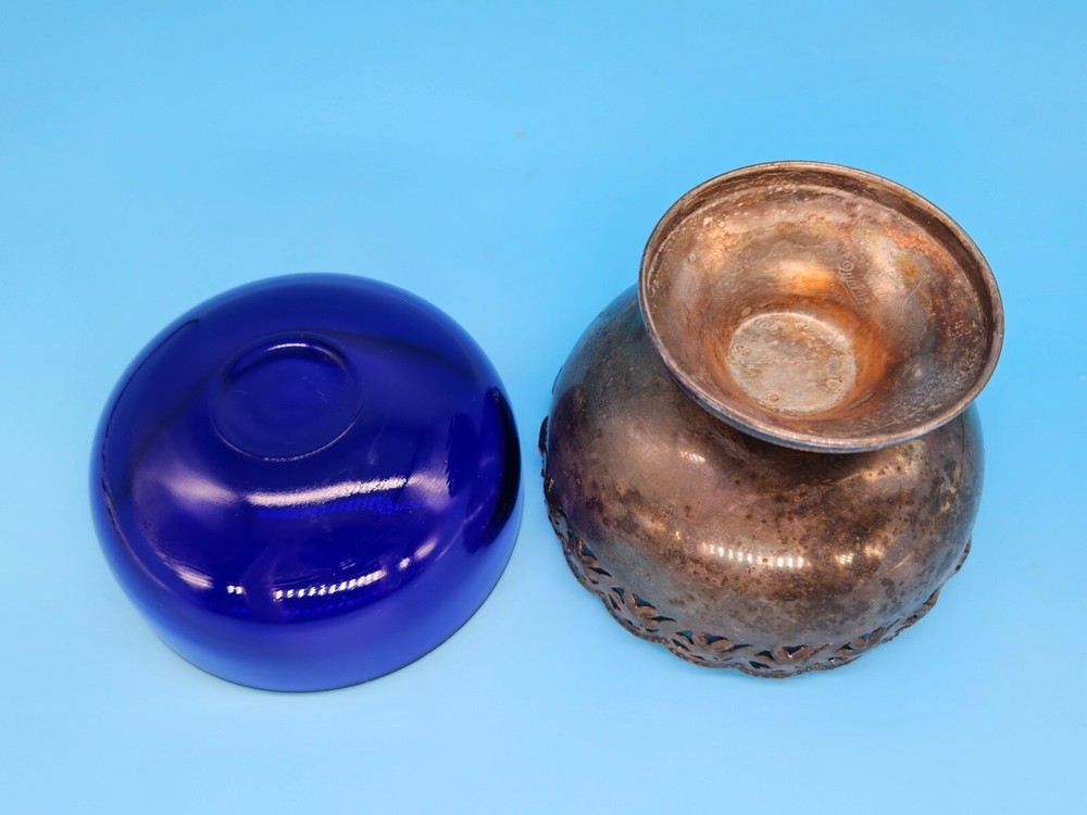 Vtg Celtic Quality Silver Plate Cobalt Blue Glass England Dessert Cup Medieval