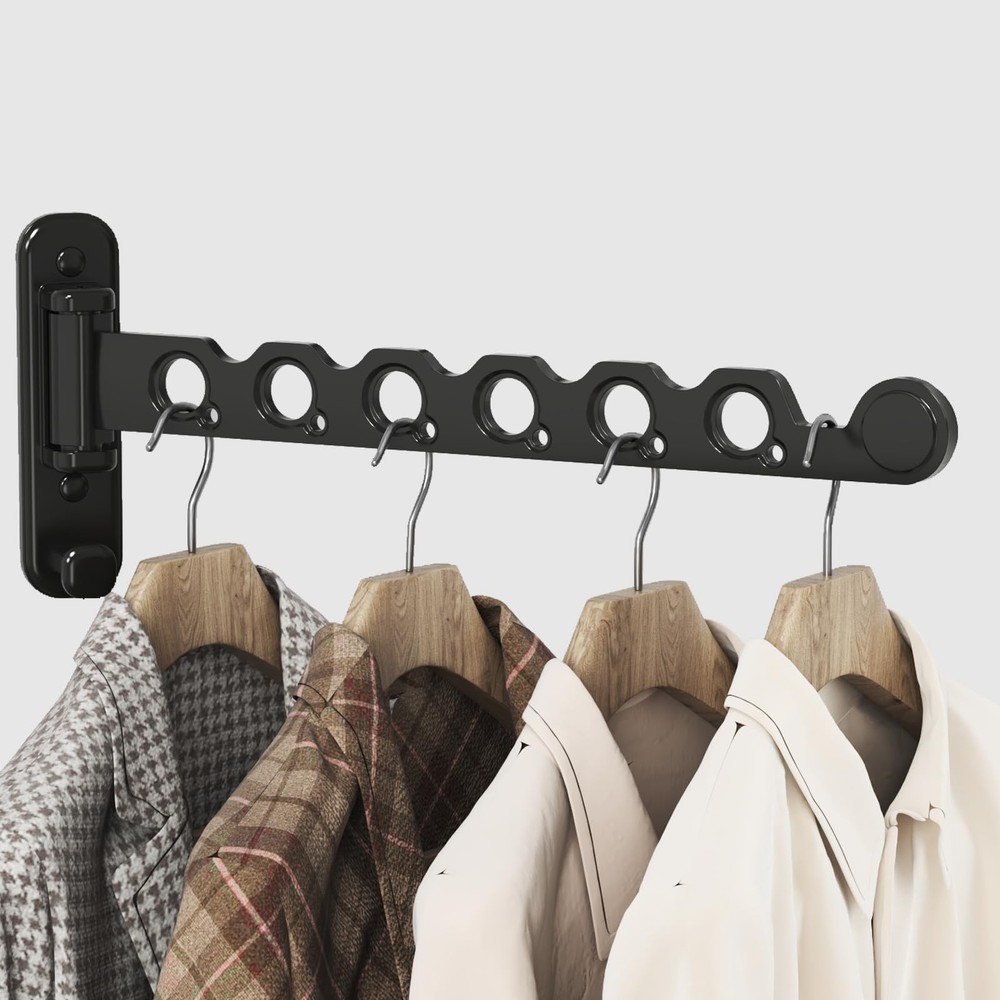 Wall Mounted Clothes Hanger Rack Foldable Drying Rack 6 Hole Black 1 PCS