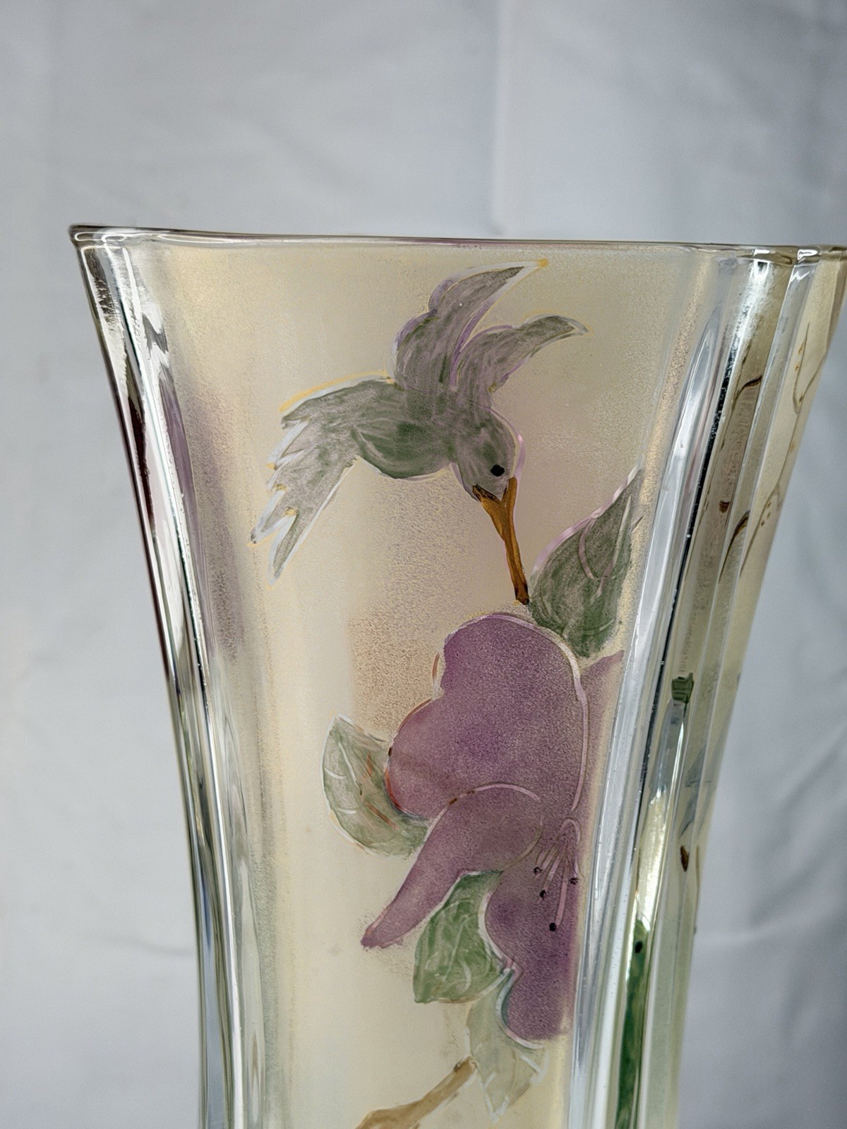 Miki Takachiho Signed Art Glass Vase Hummingbird Purple Floral Hand Painted 10"