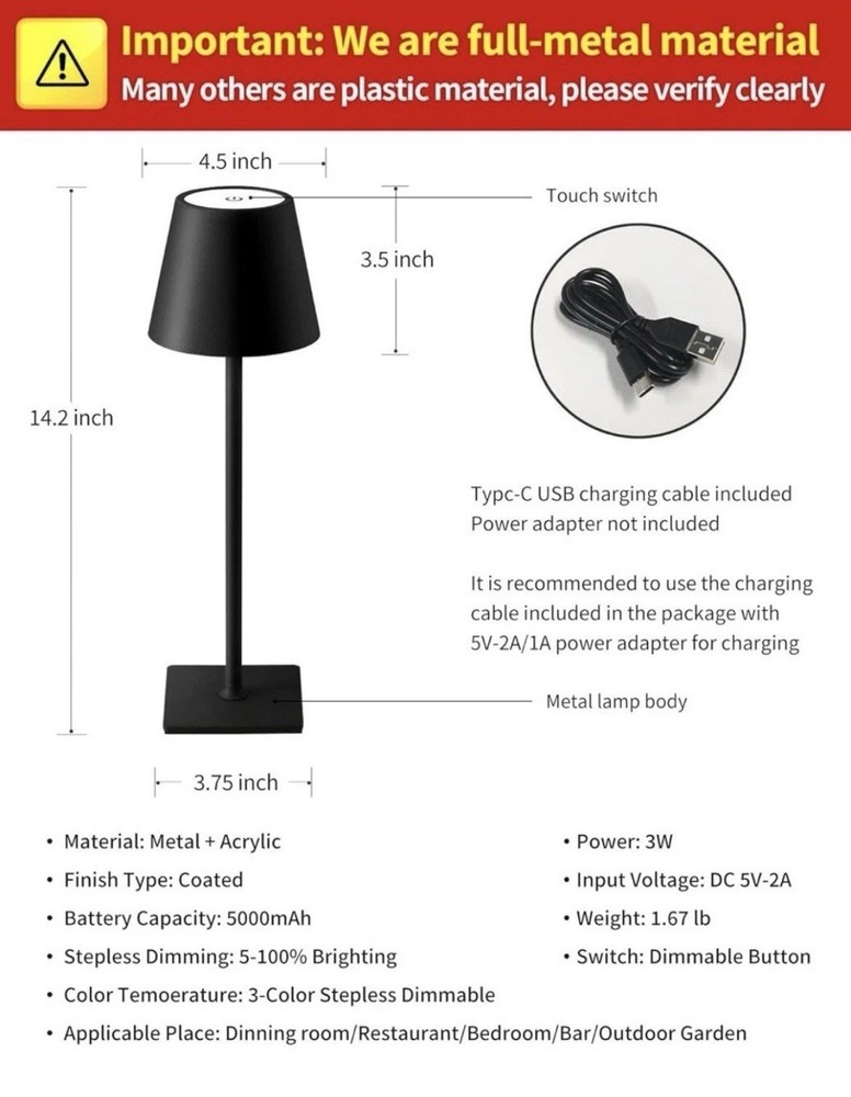 Rechargeable Cordless Table Lamps, 2 Pack with Touch Control & Waterproof Design