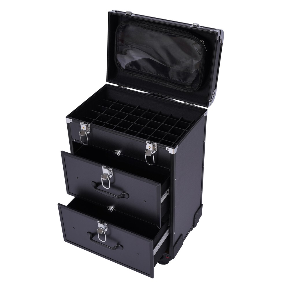 Rolling Cosmetic Storage Case Makeup Train Case Organizer Trolley Lock Black