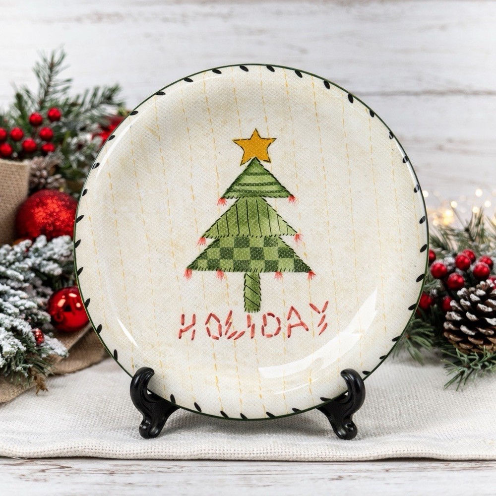 Atico Holiday Christmas Tree Plate 8” Round Decorative Serving Plate